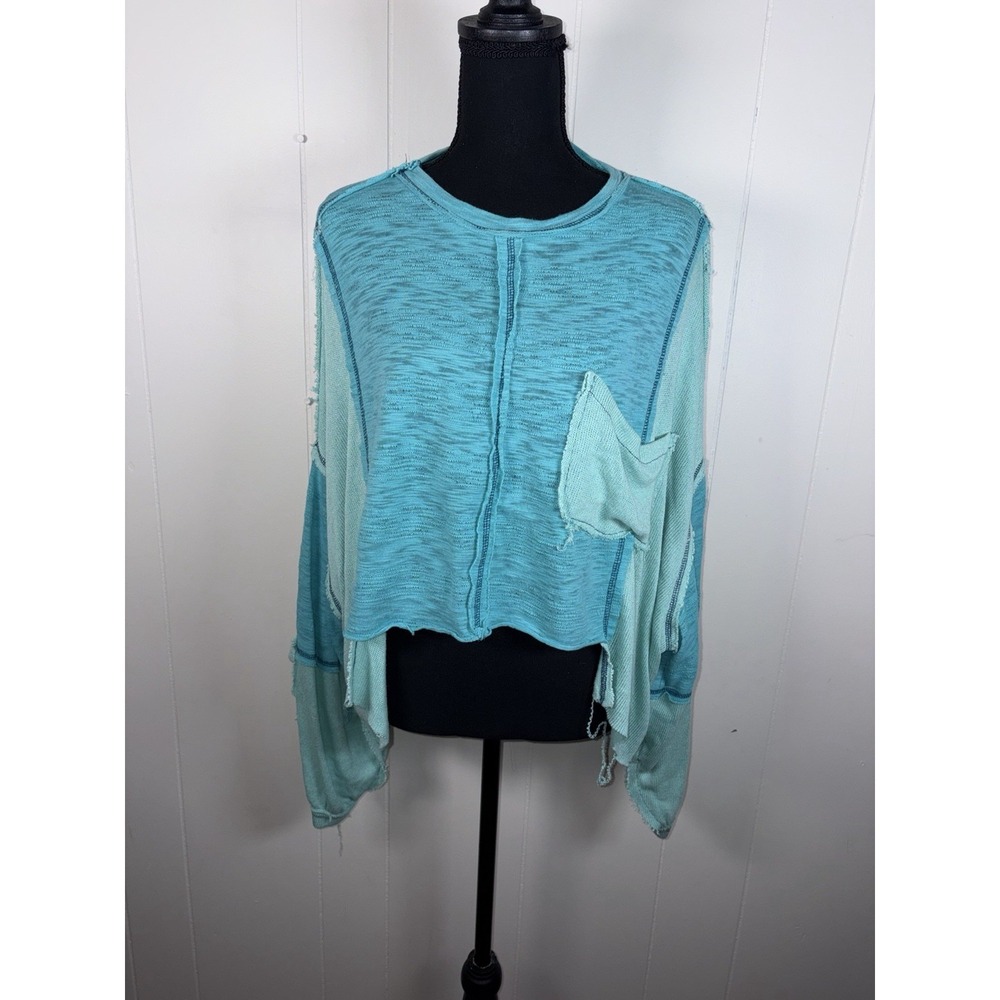 Pol Cropped Boxy Raw Edge Top Womens Blue Contrast Stitch Relaxed Small